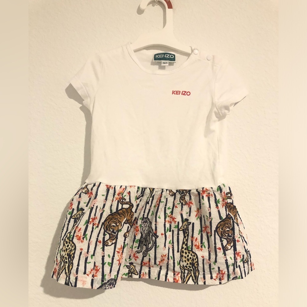 Kenzo White Dress with Zoo Animal Print Floral Size 18Months